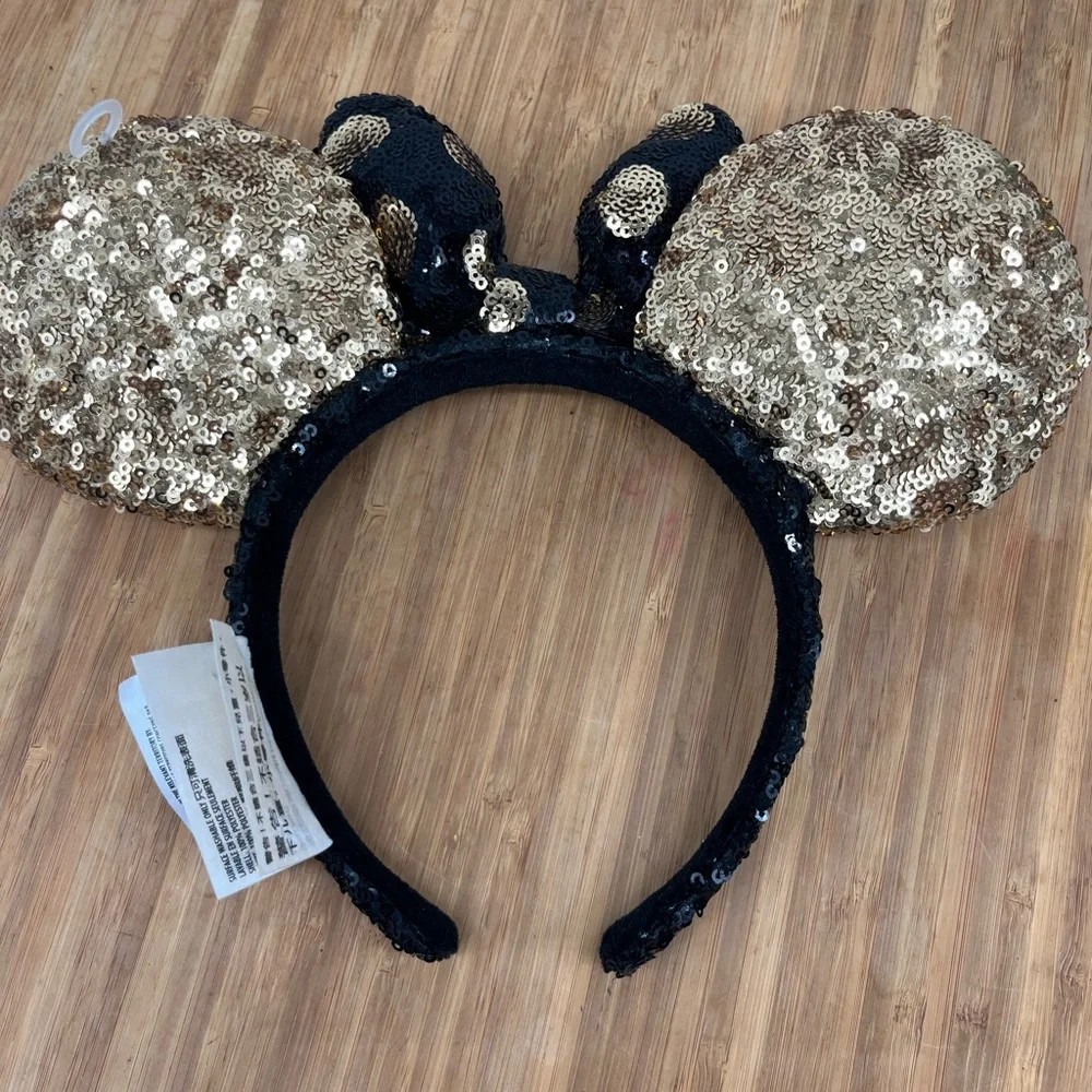 Disney Parks Black Gold Polka Dot Minnie Mouse Bow Sequins Ears‎ Headband Ears